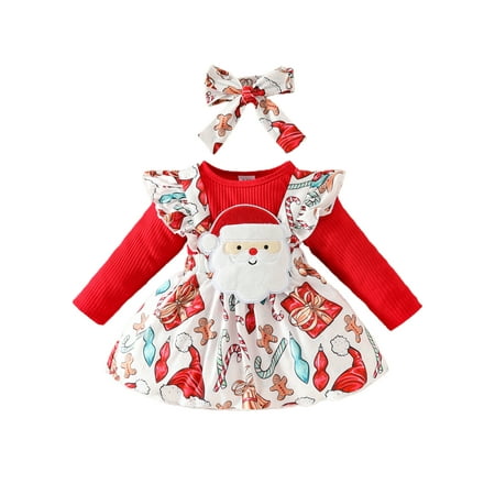 

Suealasg Baby Girls Christmas Clothes Long Sleeve Romper +Christmas Print Suspender Skirt +Headband 3 6 12 18 Months Infant Girls Christmas Holiday Outfits
