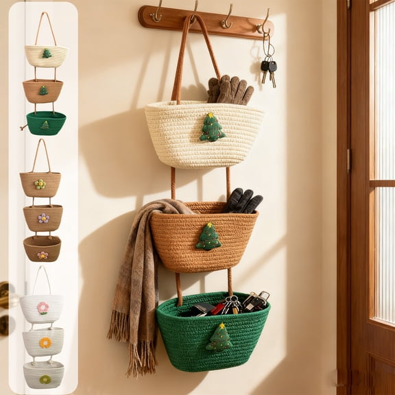 AYktou 3-Tier Hanging Basket for Organizing, Wall-Mounted Decorative Cotton Rope Storage Rack Removable Cute Handmade Flower Basket for Bedroom Living Room Entryway Wall Storage Hanging Closet