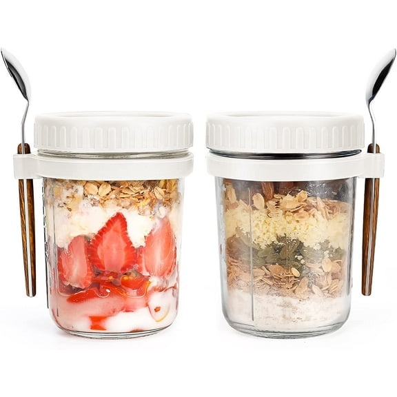 Overnight Oats Jars with Spoon and Lid 16 oz [2 Pack], Airtight Oatmeal Container with Measurement Marks, Mason Jars with Lid for Cereal On The Go Container (2pcs white)