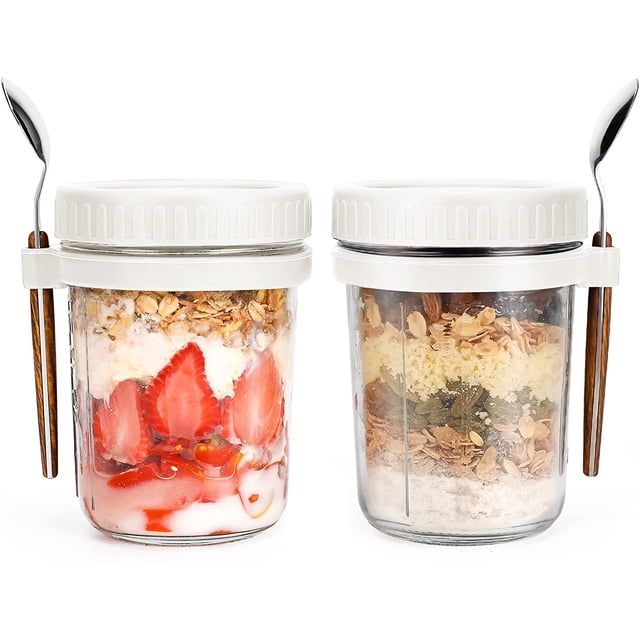 Overnight Oats Containers with Lids & Spoons (2 Pack, White) - Airtight Food Storage Jars with Measurement Marks, Leakproof Cereal Container for Travel & Daily Use