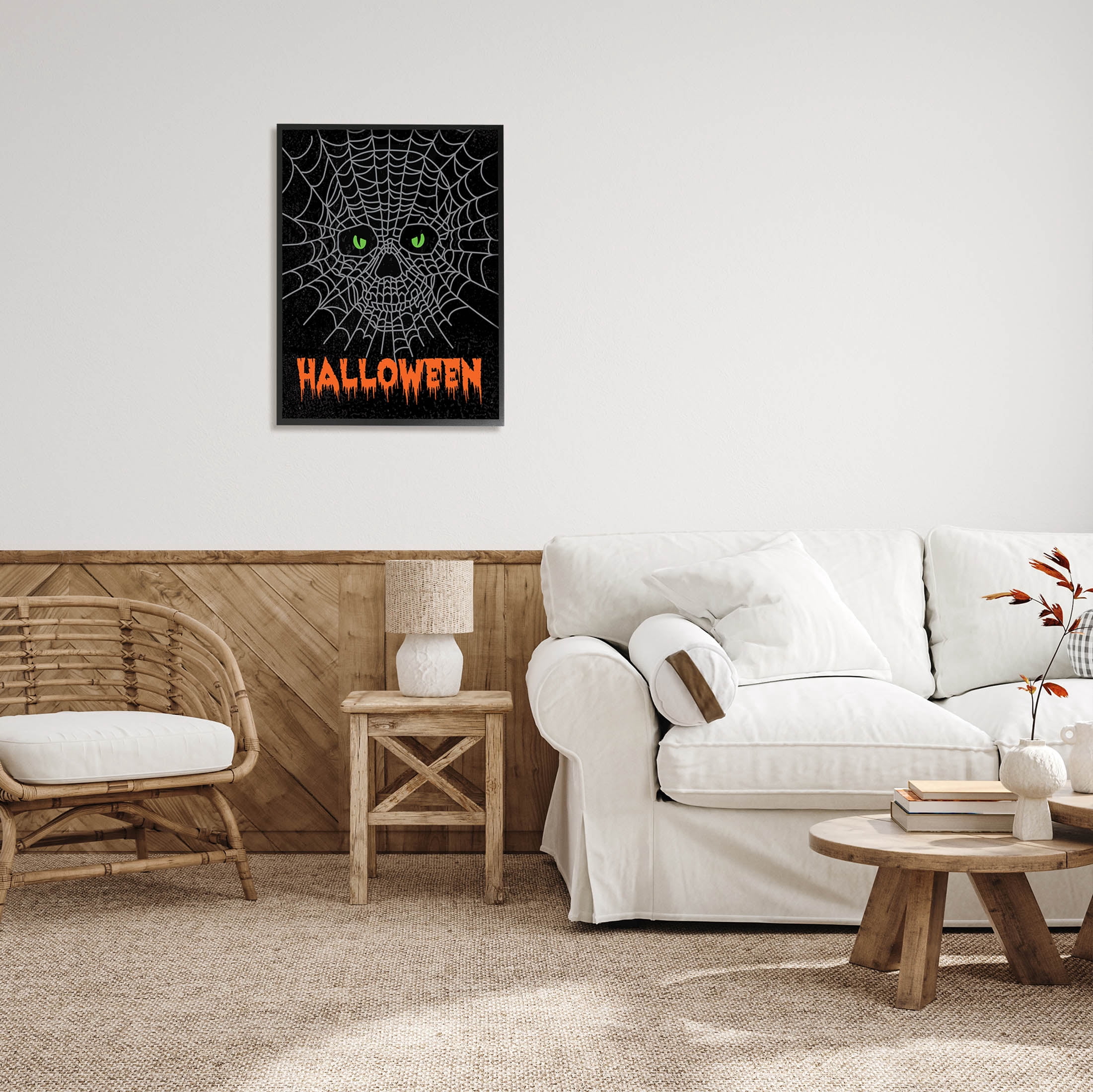 Stupell Industries Spooky Halloween Spider Web Skull Graphic Art Black Framed Art Print Wall Art, Design by Linda Birtel