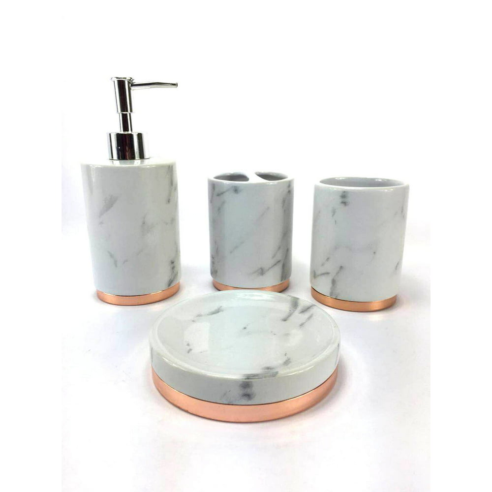 WPM 4 Piece Bathroom Accessory Set. Marble look with rose