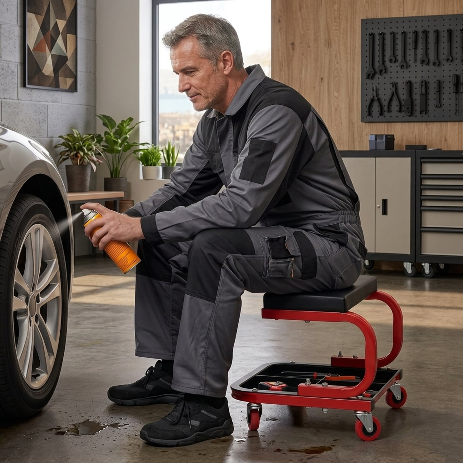 Biotree Rolling Shop Stool Adjustable Swivel Shop Seat 14.5" x 17.5" x 9" with Tool Storage for Garage Shop, Red