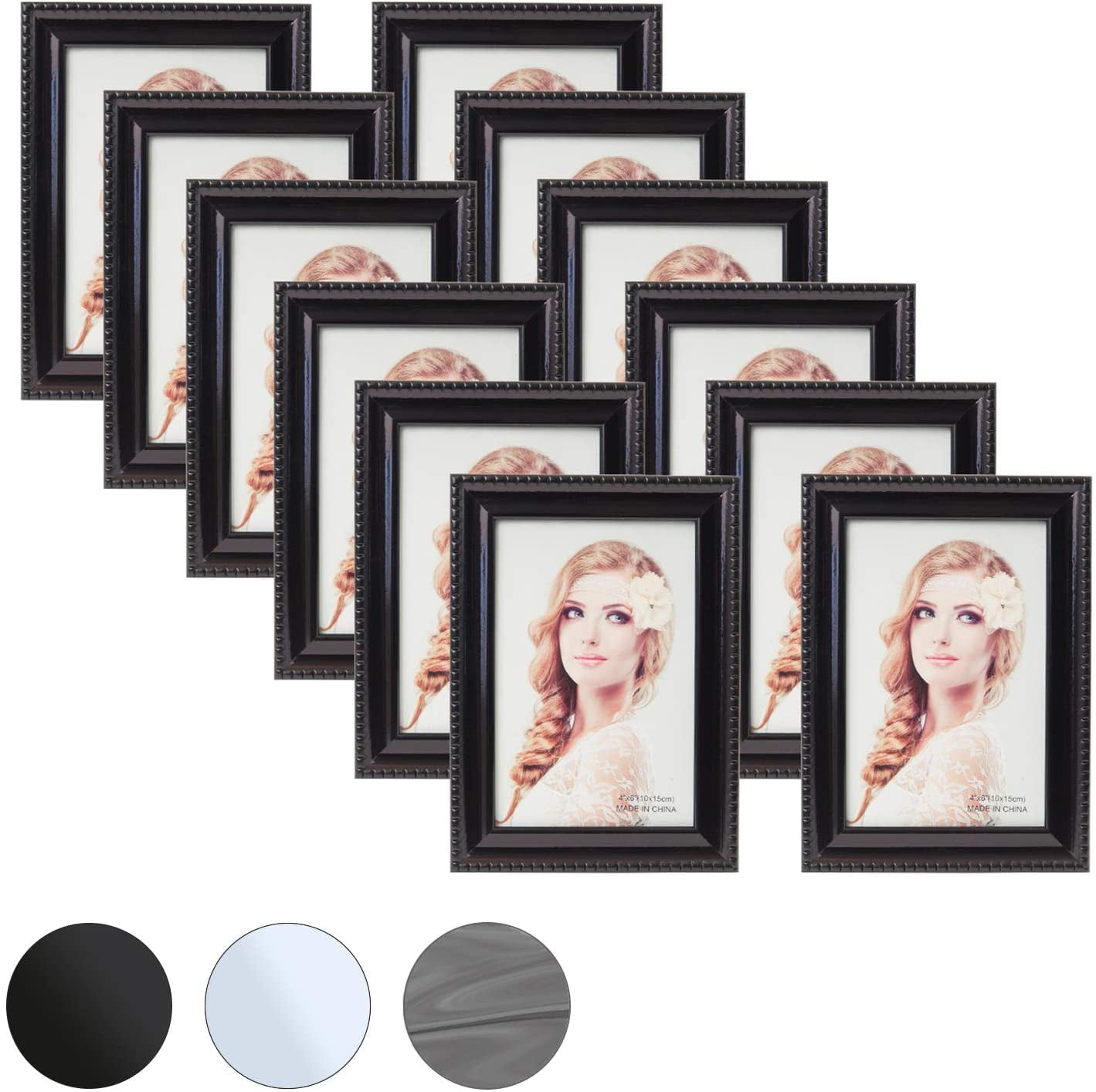 Picture Frame Set, 12 Pack, Black, 4x6 Inches, Wood, Glass, Multi Photo
