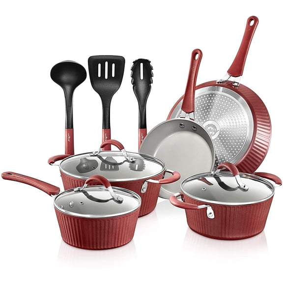 Non-stick Kitchenware Pots & Pans - 11 Pcs. Stylish Kitchen Cookware Set w/ Elegant Lines Pattern,Gray Inside & Red Outside, Metal Silicone Handle, PTFE/PFOA/PFOS Free - NCCW11RDL