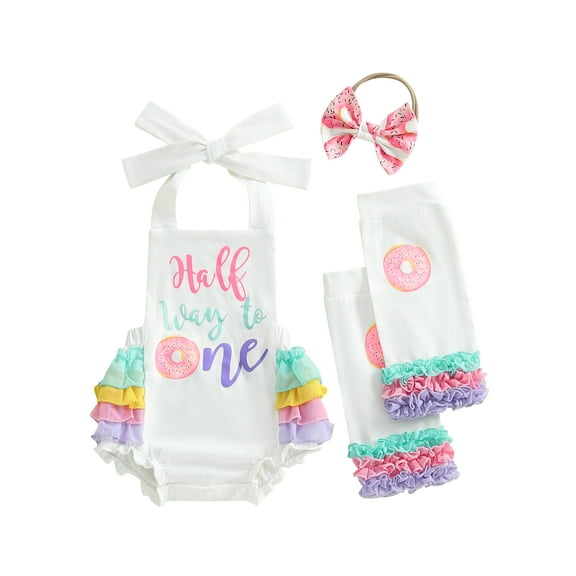 YASUTNKS Baby Girls Birthday Clothes Sleeveless Letter Donut Print Romper with Bow Headband and Leg Warmers