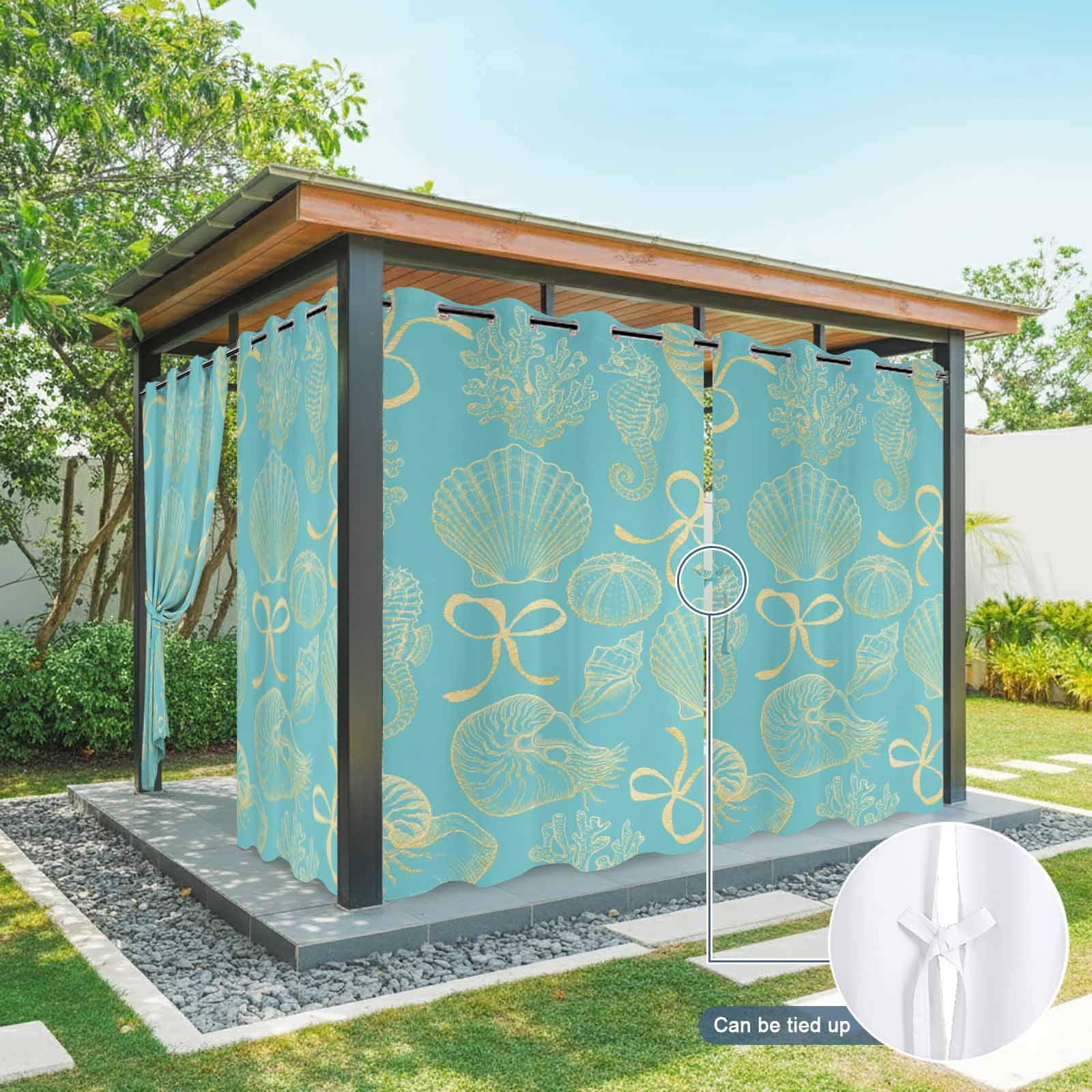 Ocean Shell Outdoor Curtains for Patio, Gold Seahorse Shells Bowknot Coral Blue Sunshade Privacy Drapes Grommet Waterproof Outside Curtains for Porch/Cabana/Balcony 54"x 108", 1 Panel