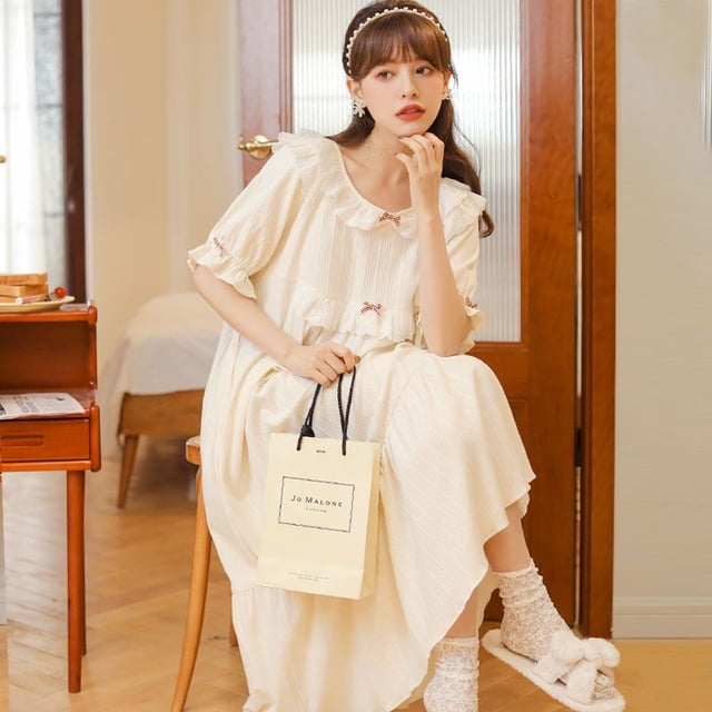 Camisón de encaje con volantes para mujer, ropa de dormir coreana, vestido de noche, pijamas de una pieza, cuello cuadrado, ropa de casa de manga corta sólida, Verano