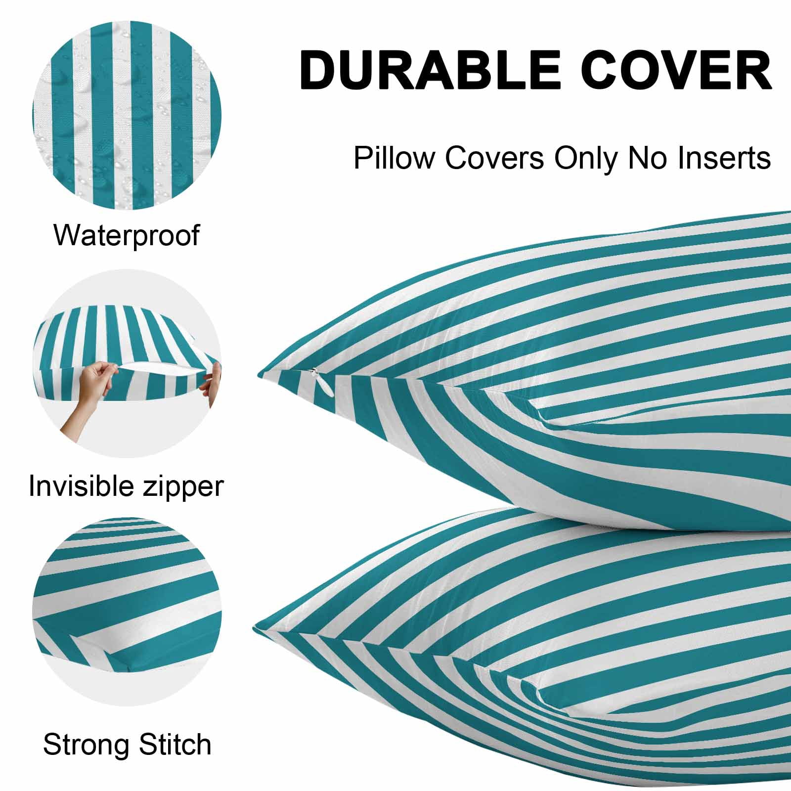 Waterproof Throw Pillow Covers Set of 2, 18x18 Inch Teal Striped Decorative Pillowcases Outdoor Pillow Slip Cushion Covers Set for Couch Tent Simple Art Vertical Stripe Farmhouse