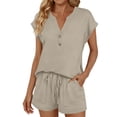 thumbnail image 3 of Women's V Neck Button Two Piece Suit Short Sleeve Loose Fit, 3 of 9