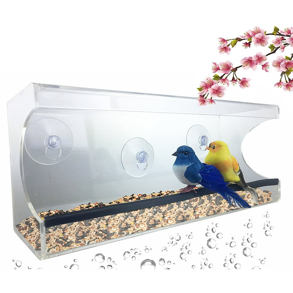 Large Window Bird Feeder Clear, Removable Tray, Drain Holes & Strong