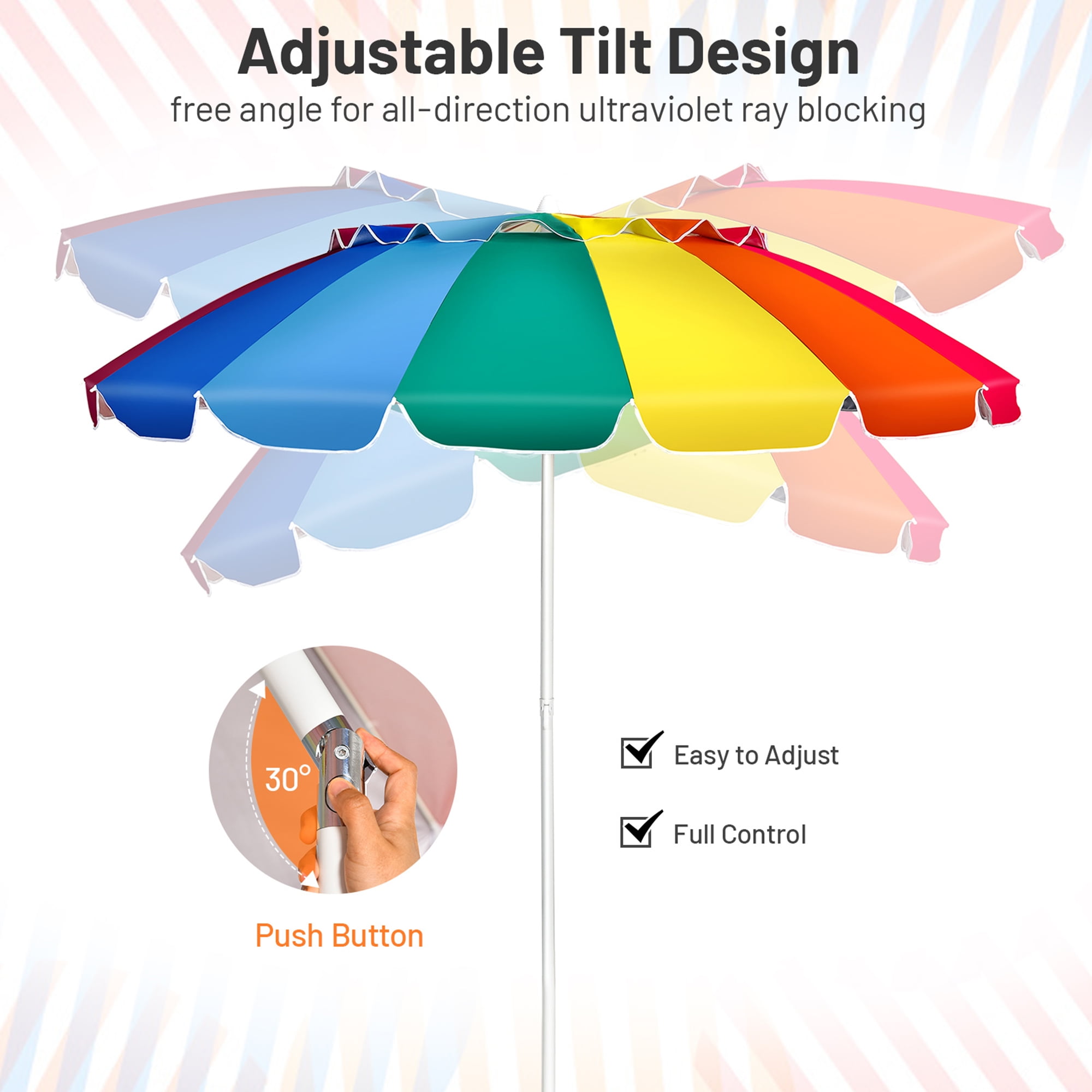 Gymax 8ft Beach Umbrella Outdoor Patio Garden w/ Carrying Bag Sand Anchor Rainbow