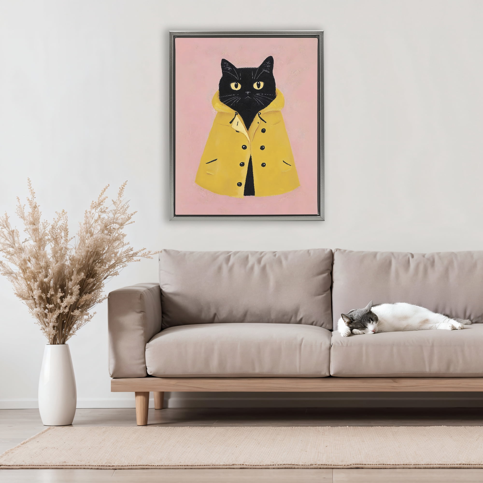 Stupell Industries Black Cat in Yellow Raincoat Gray Framed Floater Canvas Wall Art, design by The Prints Vibe