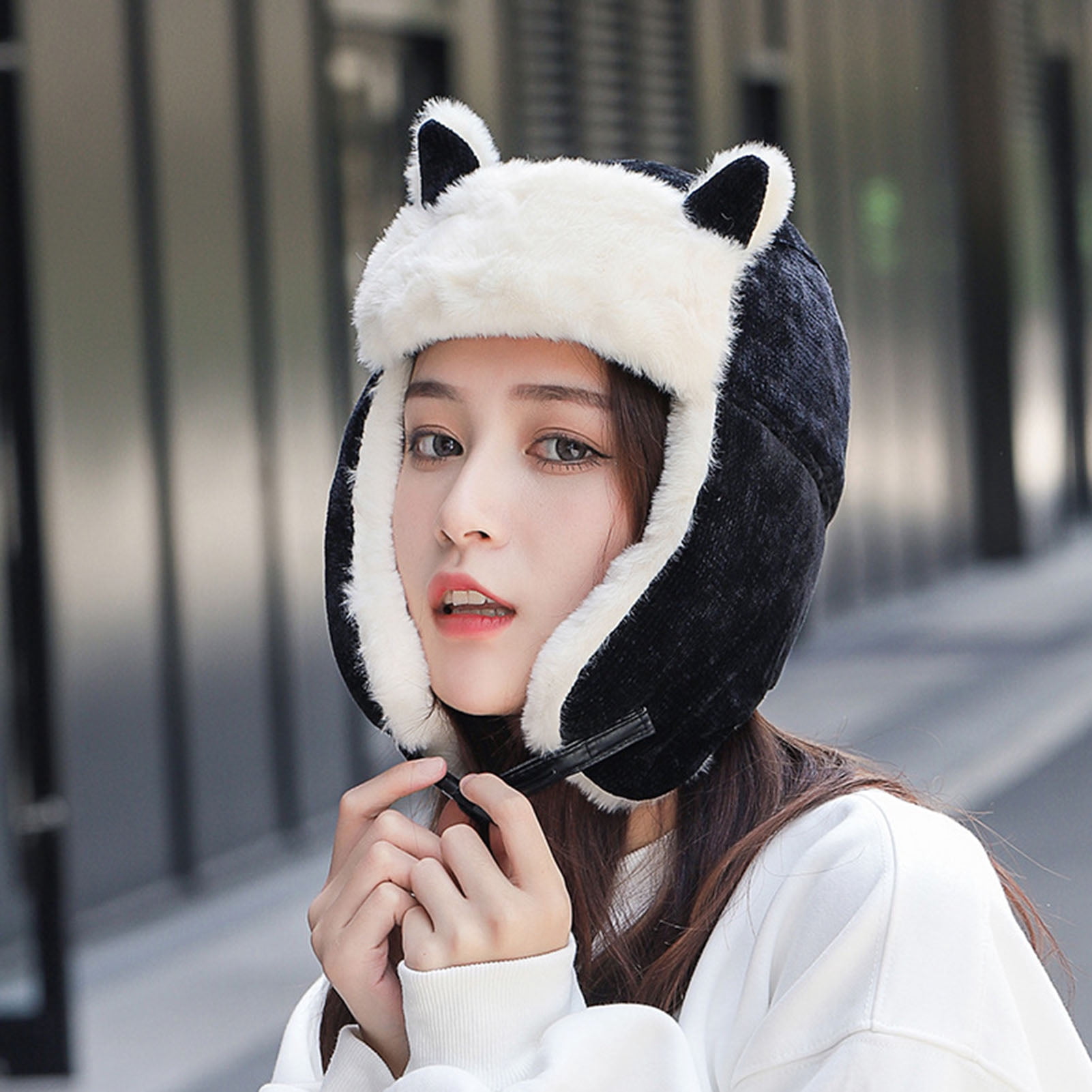 Women Faux Fur Corduroy Trapper Hat Cat Ears Hat Warm Winter