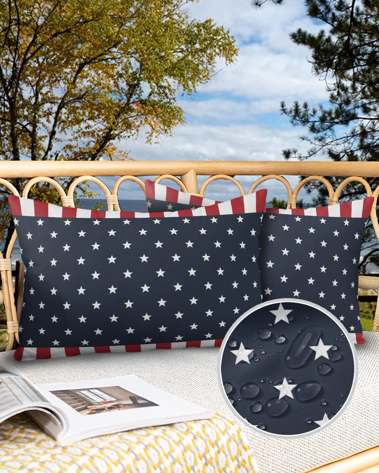 American Patriotic National Flag Outdoor Pillow Covers Set of 2,Decorative Waterproof Throw Pillow Case,Stars Blue Red and White Stripes Cotton Linen Soft Cozy Cushion Pillowcases