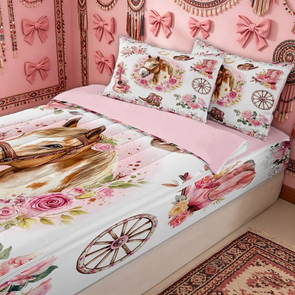 Erosebridal Cowgirl Floral Horse Zipper Twin Comforter Sets with Fitted Sheet and 2 Pillowcases for Girls, Country Western Print Zipper Bedding Set, Pink Reversible, 4 Pieces