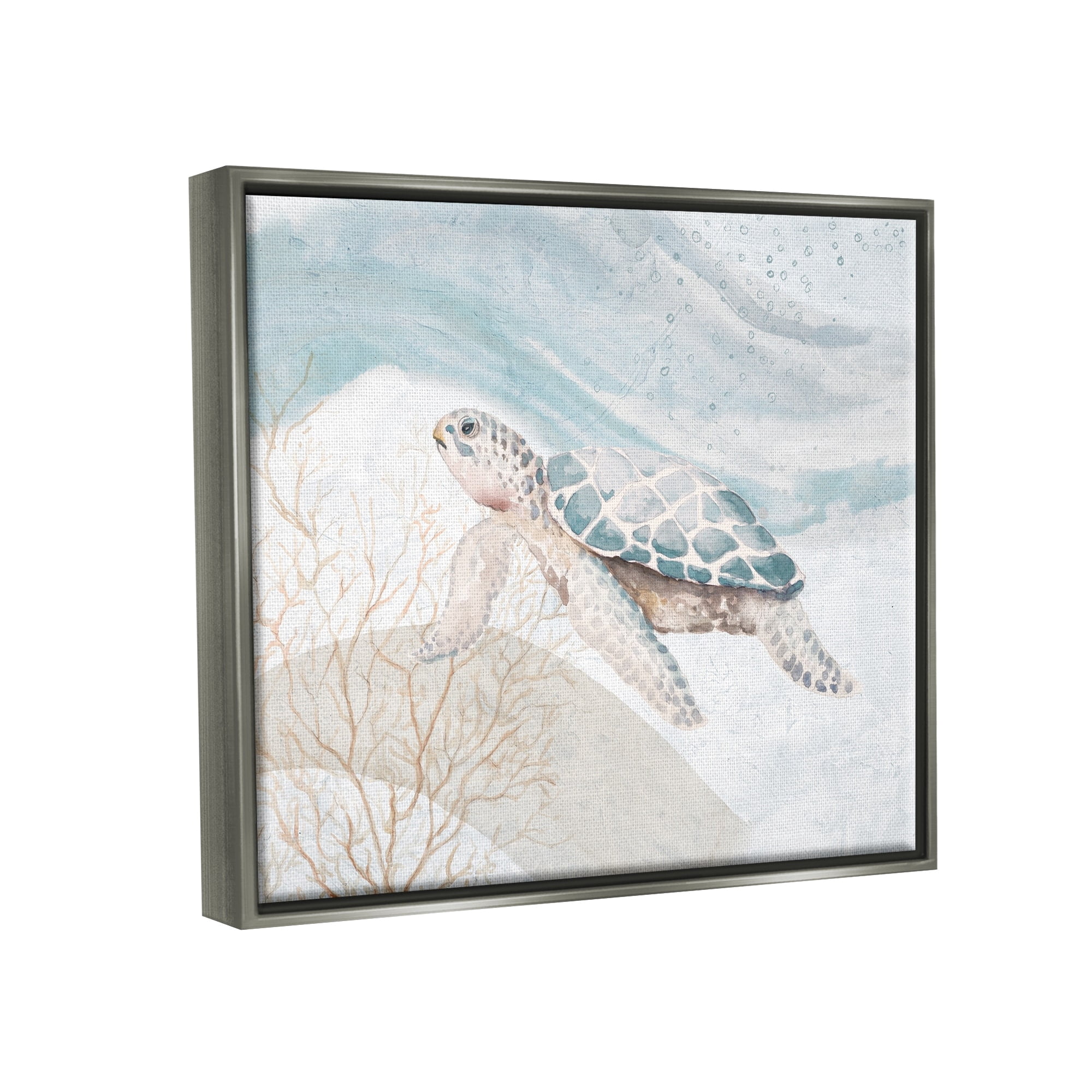 Stupell Industries Pleasant Sea Turtle Drifting Ocean Bubble Waves Painting Luster Gray Floating Framed Canvas Print Wall Art, Design by Patricia Pinto