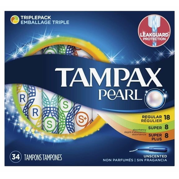 Tampax Pearl Triple Pack Absorbency LeakGuard Braid Protection Tampons, 34ct, 6-Pack