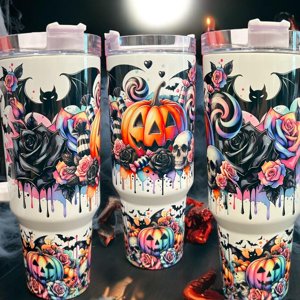 Halloween Pumpkin 40 oz Tumbler Bats Roses