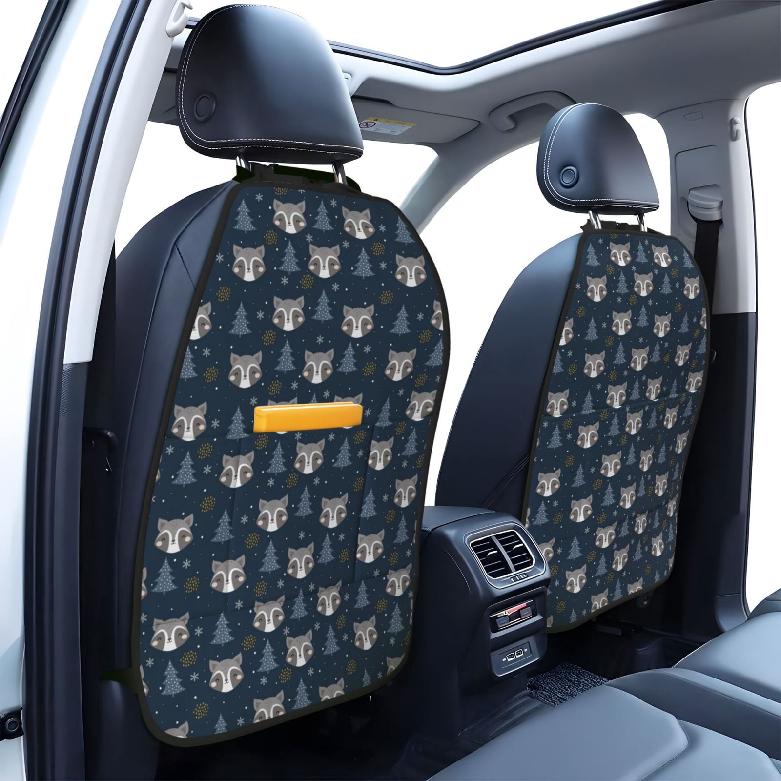 Xecao Cute Christmas Tree Raccoon Pattern Car Seat Back Protector 2 Pack Large Capacity Pocket, Kick Mats Back Seat Protector