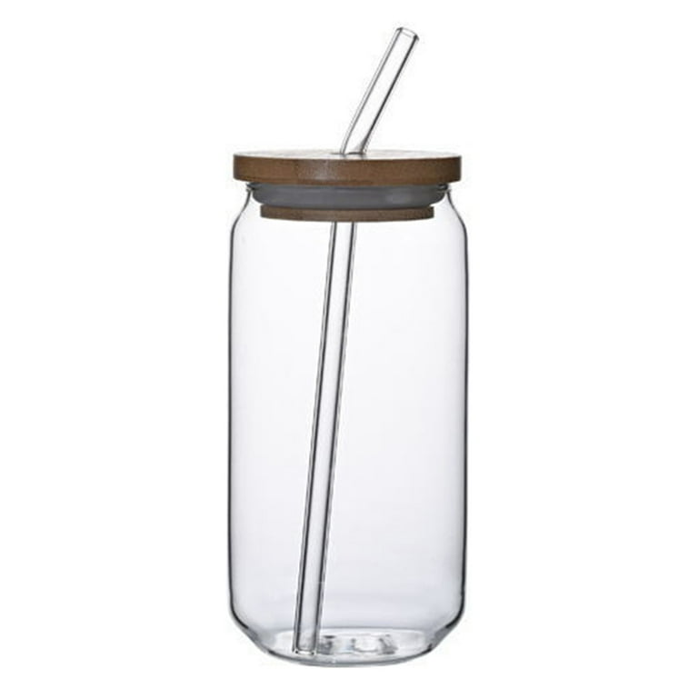 Beer Can Glass with Bamboo Lid and Glass Straw,16oz Drinking Glasses with Lid and Straw,Can Shaped Glass Cup,Iced Coffee Cup, Beer Glass,Ideal for