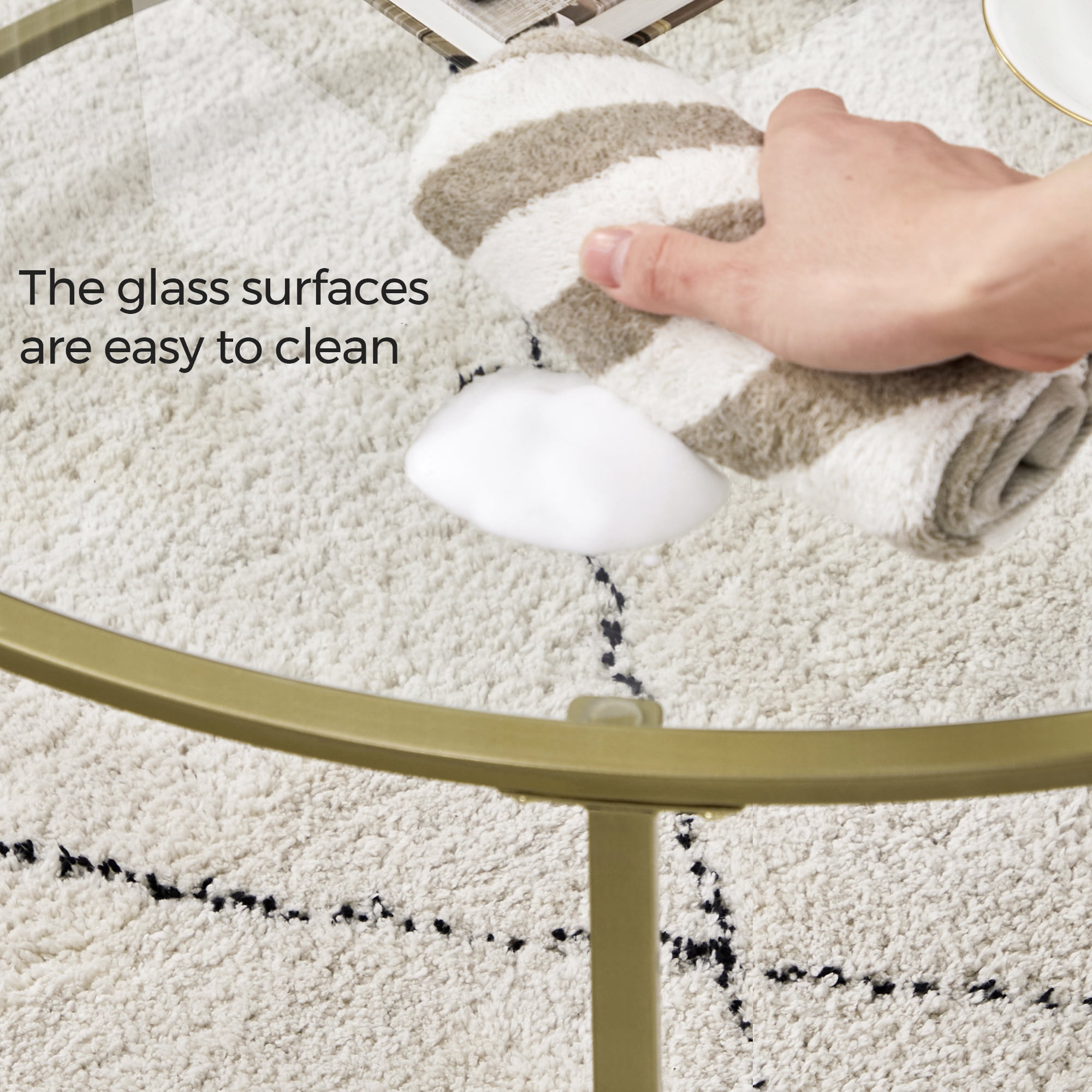 VASAGLE Round Coffee Table, 35.4-Inch Dia. Glass Table with Golden Steel Frame, Living Room Table, Sofa Table, Robust Tempered Glass, Stable, Gold