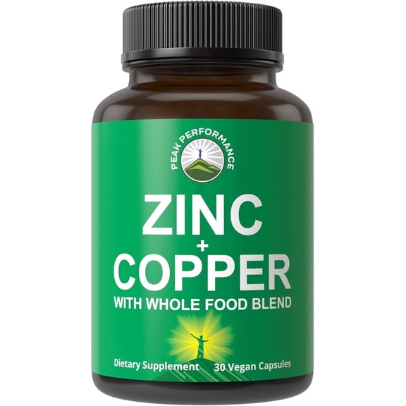 Peak Performance Zinc with Copper   Whole Food Blend of 25 Vegetables and Fruits for Max Absorption. With Two Essential Minerals for Immunity. USA Formulated.