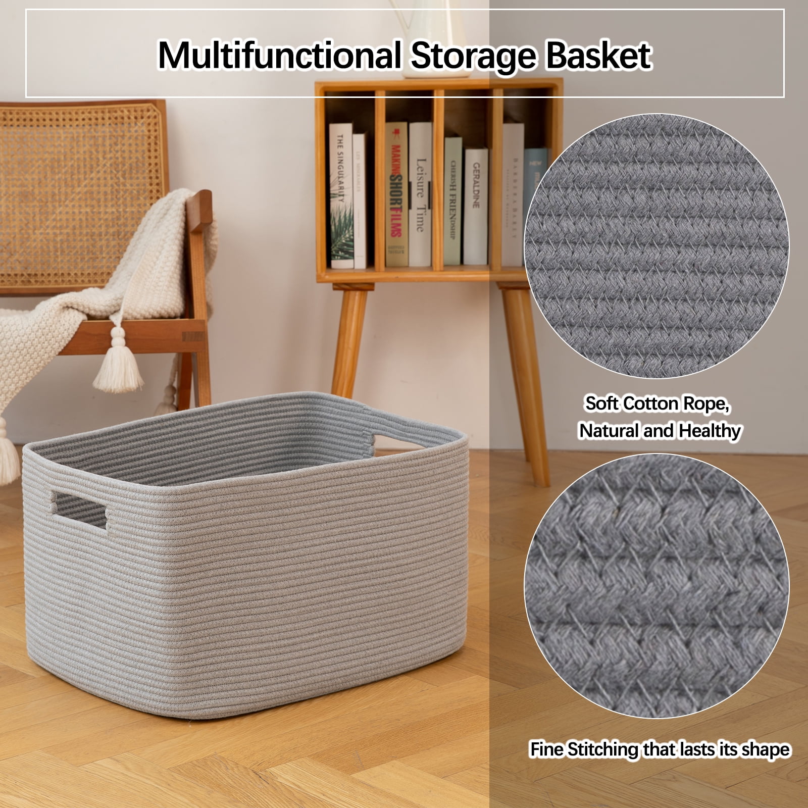 CHERISHGARD 70L Large Laundry Basket, Rectangle Cotton Rope Storage Baskets, Cotton Rope Basket with Handles