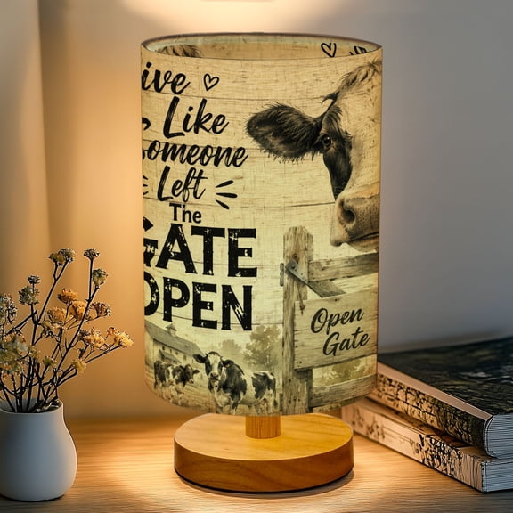 16-Color Dimmable Table Lamp for Bedroom, live Like Someone Left Gate Open cattle Rustic Farmhouse Nightstand Lamp with Wood Base Fabric Shade, Gifts for Nursery Living Room Reading Room