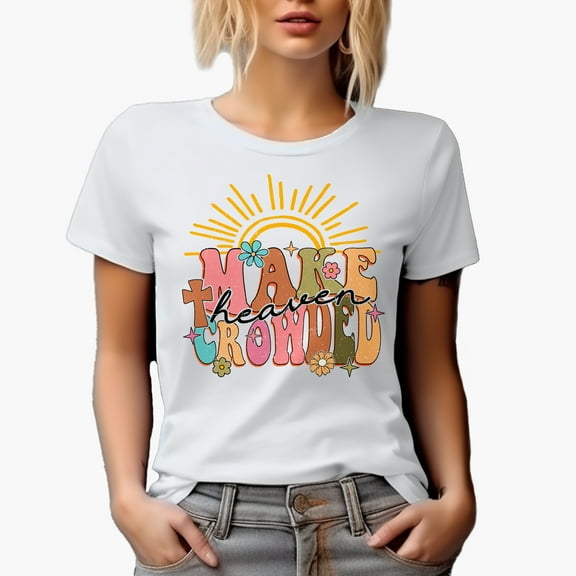 Distressed Make Heaven Crowded - Retro Wavy Text Art, Christian Merch Gift, White T-Shirt, Small
