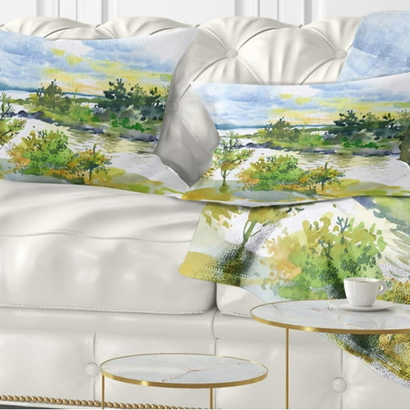 Designart Autumn Forest and Lake Watercolor - Landscape Printed Throw Pillow - 12x20