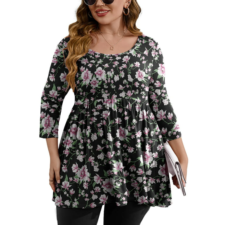 SHOWMALL Plus Size Tops for Women Tunic 3/4 Sleeve Clothes Black