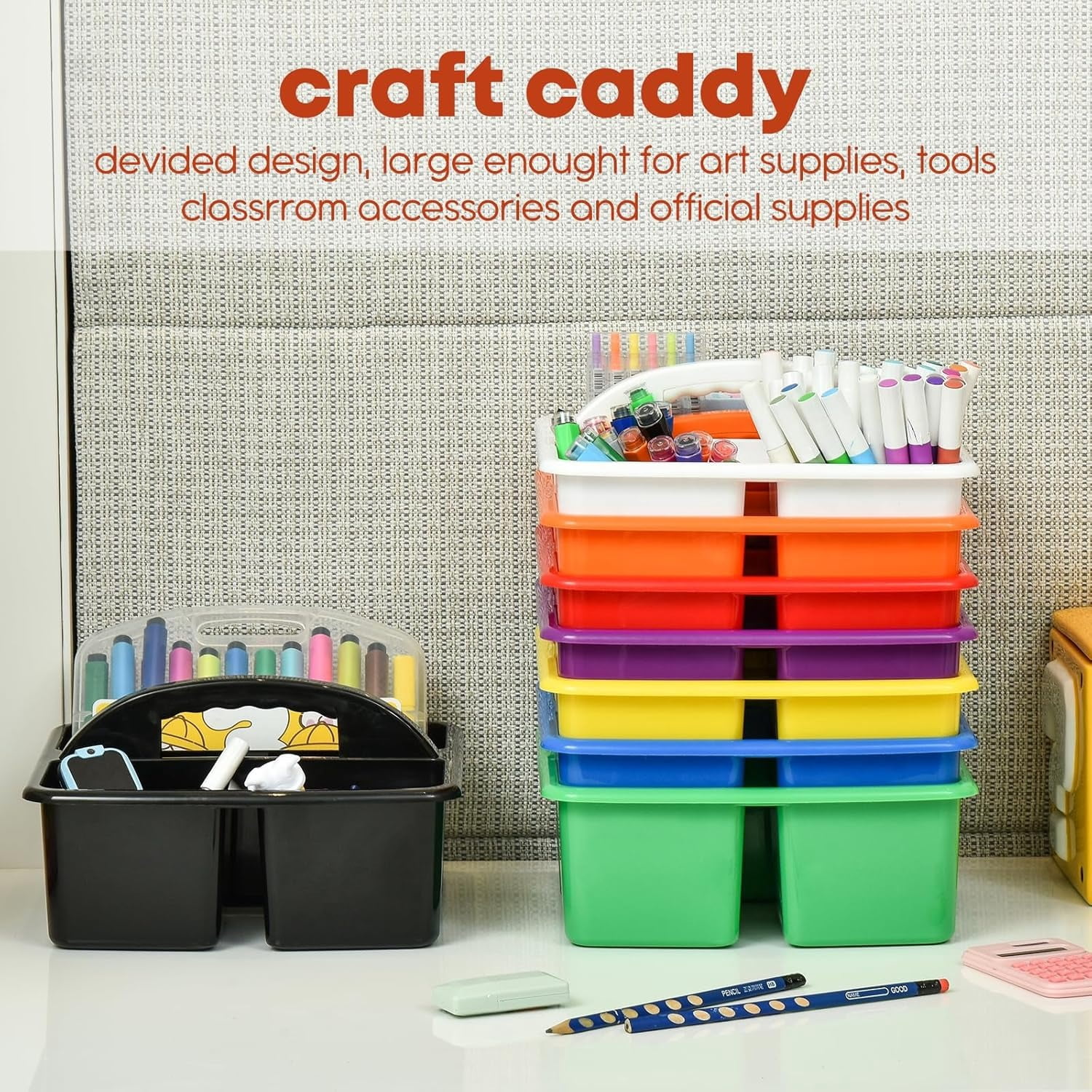Plastic Classroom Caddy Organizer with Handle, 6-Pack 3 Compartments, Teacher Supply Storage Caddy for Classroom Organization, Table, Desk, Office, Craft Art - Black