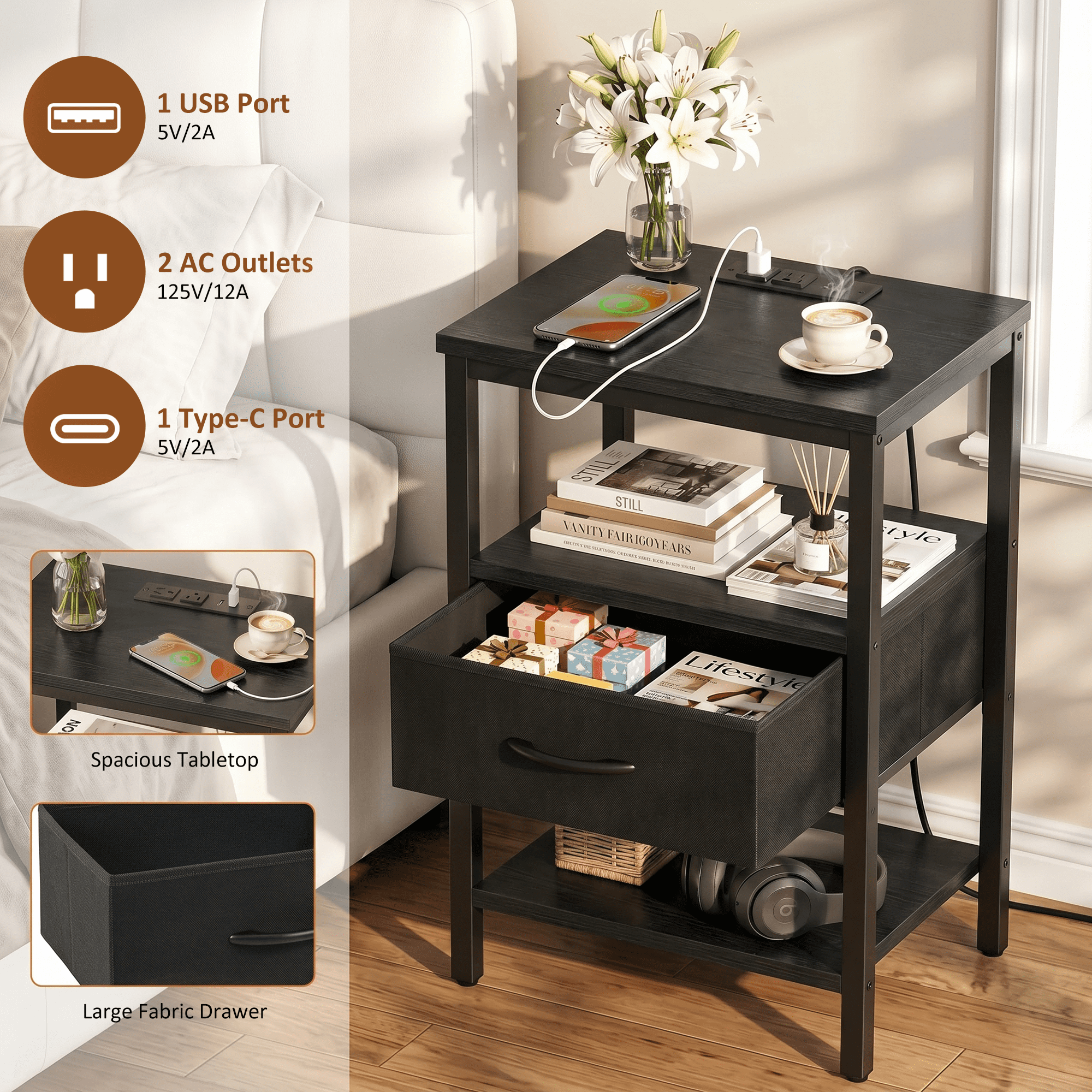 LIFERECORD Night Stand with Fabric Drawer, Nightstand with Charging Station, End Tables with Storage Shelf for Small Spaces, Bedside Table Side Tables for Bedroom, Black