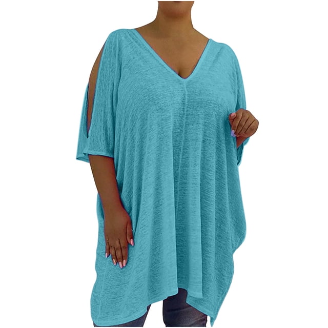 Leutsin Women Summer Plus Size Casual Loose Solid Short Sleeve V Neck Cold Shoulder Tops