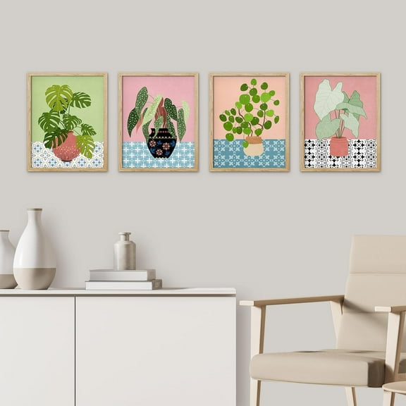 PixonSign Framed Wall Art, Antique Vases Botanical Plant Prints, Set of 4 Minimalist Leaves Shapes Wall Decor, Boho Illustrations Wall Décor for Living Room, Bedroom, Office - 8"x10" Natural