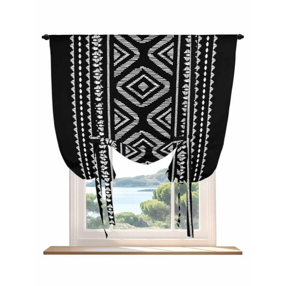 Black Boho Geometric Tie Up Curtains for Windows 63 Inch Length Balloon Curtains Kitchen Adjustable Balloon Window Shade Vintage Southwestern Stripes Tie Up Valance Bathroom Curtain Window 52"x63"