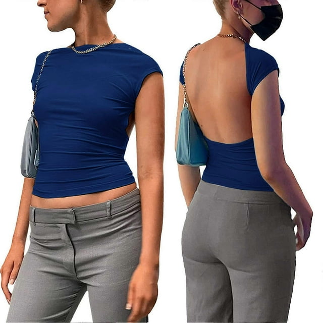 Women Backless Short Sleeve Tee Shirt Vintage Cut Out Crew Neck Pure Color Open Back Top for Summer Blue XS