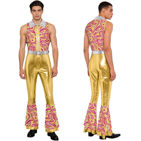 Aislor Men’s Metallic Jumpsuit 70s Disco Patchwork Sleeveless Romper Clubwear Theme Party Dancing Gold XXL