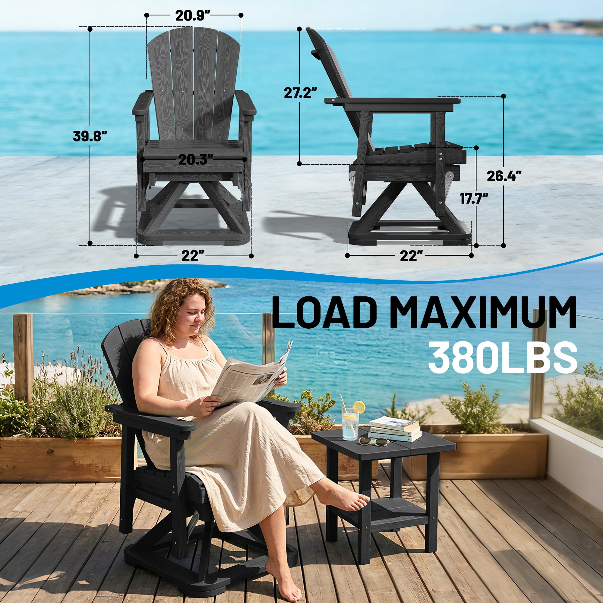 Easthome 360°Swivel Glider Adirondack Chair All-Weather HDPE Outdoor Rocking Chair with Ergonomic Backrest, Outdoor Swivel Rocker for Patio, Porch & Deck - Black