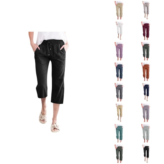 Capri Pants for Women Spring Summer Lightweight Elastic Waist Straight Leg Relaxed Fit Cropped Pants Capris with Pockets