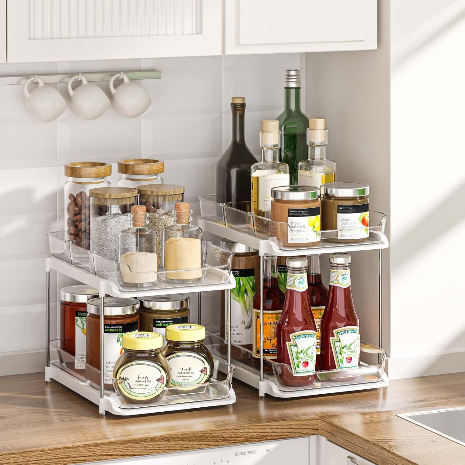 2-Tier Multi-Purpose Bathroom Under Sink Organizers and Storage, Stackable Kitchen Pantry Organization, Pull Out Medicine Cabinet Organizer with Movable Dividers, White, 4Pack