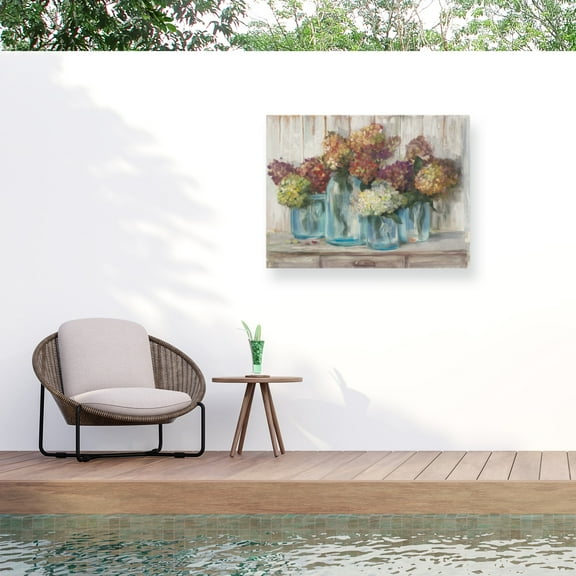 Carol Rowan 'Hydrangeas In Glass Jars White Wood' Outdoor Canvas 18x22