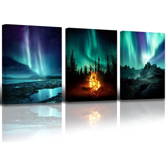 Wall Decor Living Room,Bedroom Northern Lights 3 Panel Canvas wall art Paintings for Wall Decorations Modern Bathroom Office Aurora Polaris Nature Landscape 12"x16"x3 Framed Ready to Hang