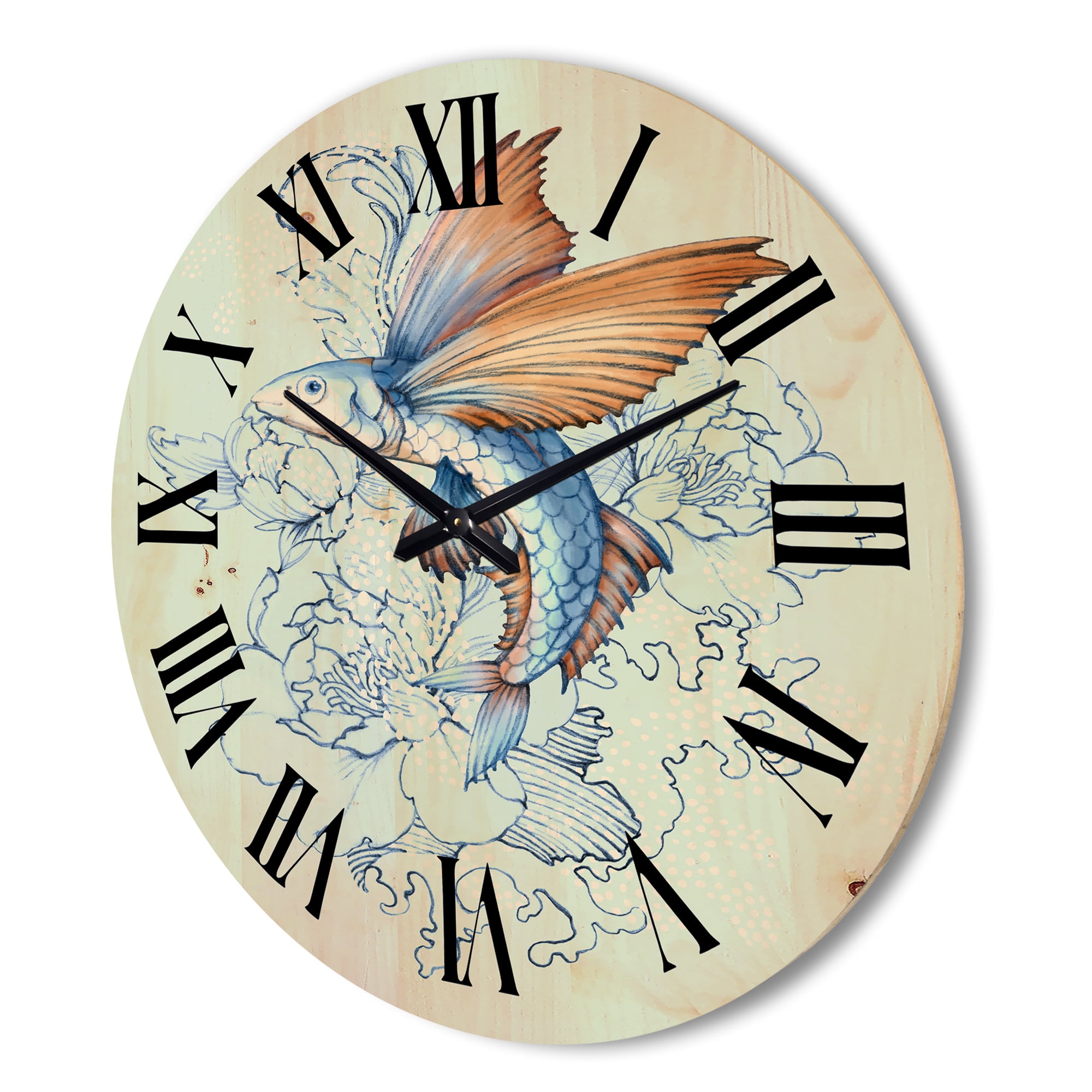 Designart 'Flying Fish and Peonies' Traditional Wood Wall Clock