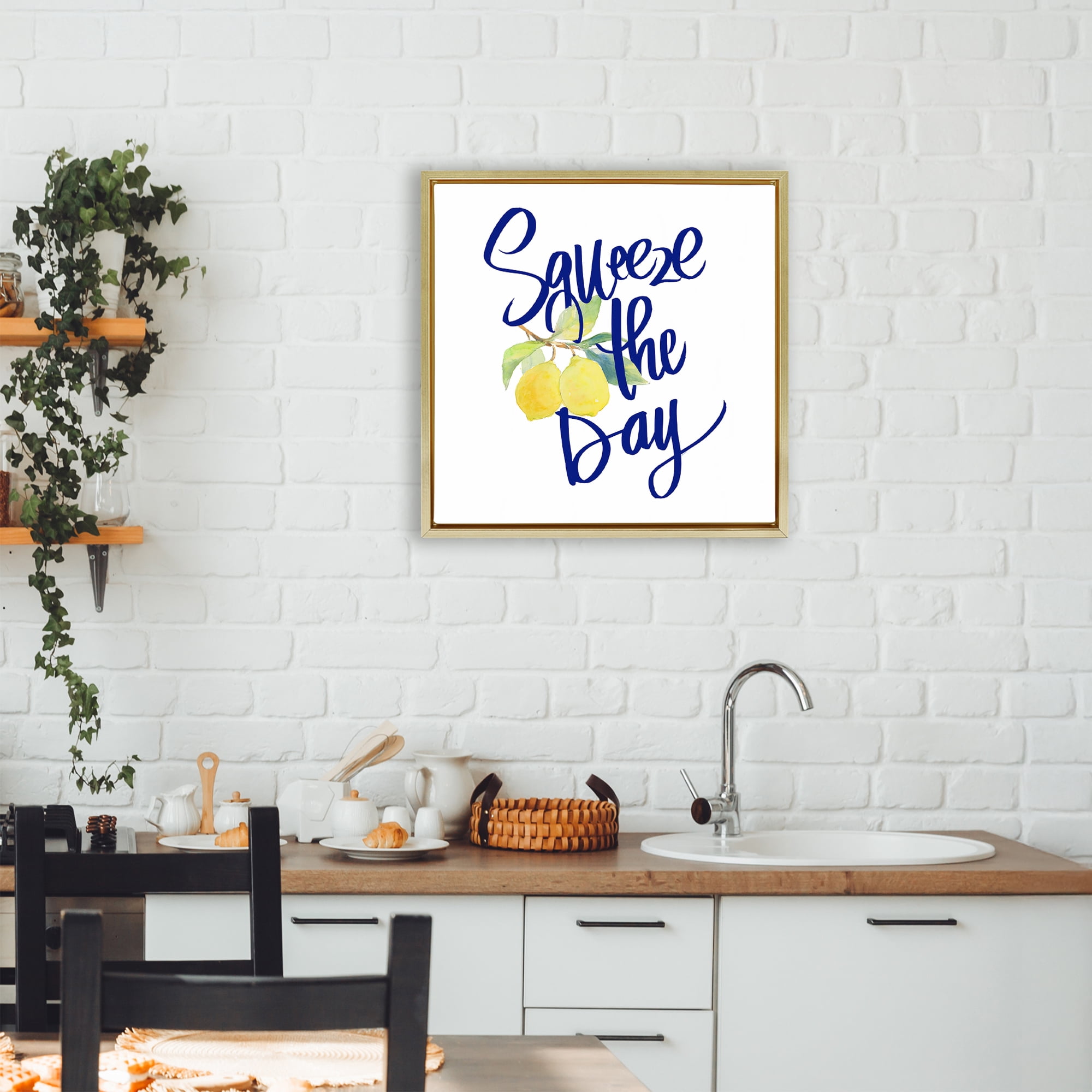 Stupell Industries Cursive Squeeze The Day Gold Framed Floater Canvas Wall Art, design by Lanie Loreth