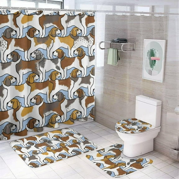 Cute Dog 4Pcs Shower Curtain Set Washable Bathroom Sets with Toilet Lid Cover and Non-Slip Rug Bath Accessories Decor