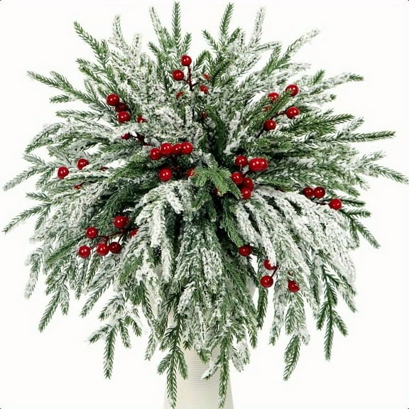 20-Piece Set Artificial Norfolk Pine Branches and Red Berries 12.8inch Christmas Green Plant Selection Stems Fake Pine Tree Needles for Vase Filling DIY Craft Wreath Home Decoration Frost