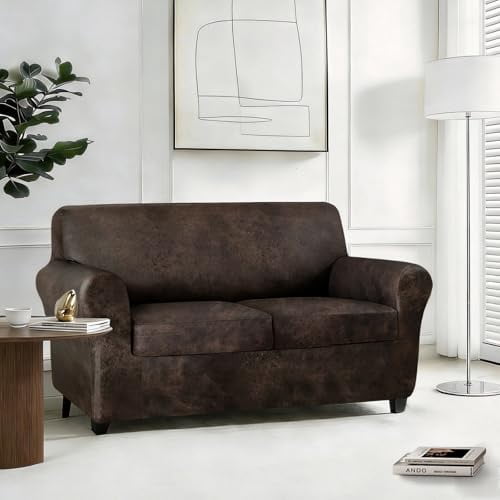 3-Piece Stretch Faux Leather Slipcover for 2-Cushion Loveseat, Heavy Duty Pet Proof Furniture Protector, Non-Slip Sofa Cover with Leather Look, Brown
