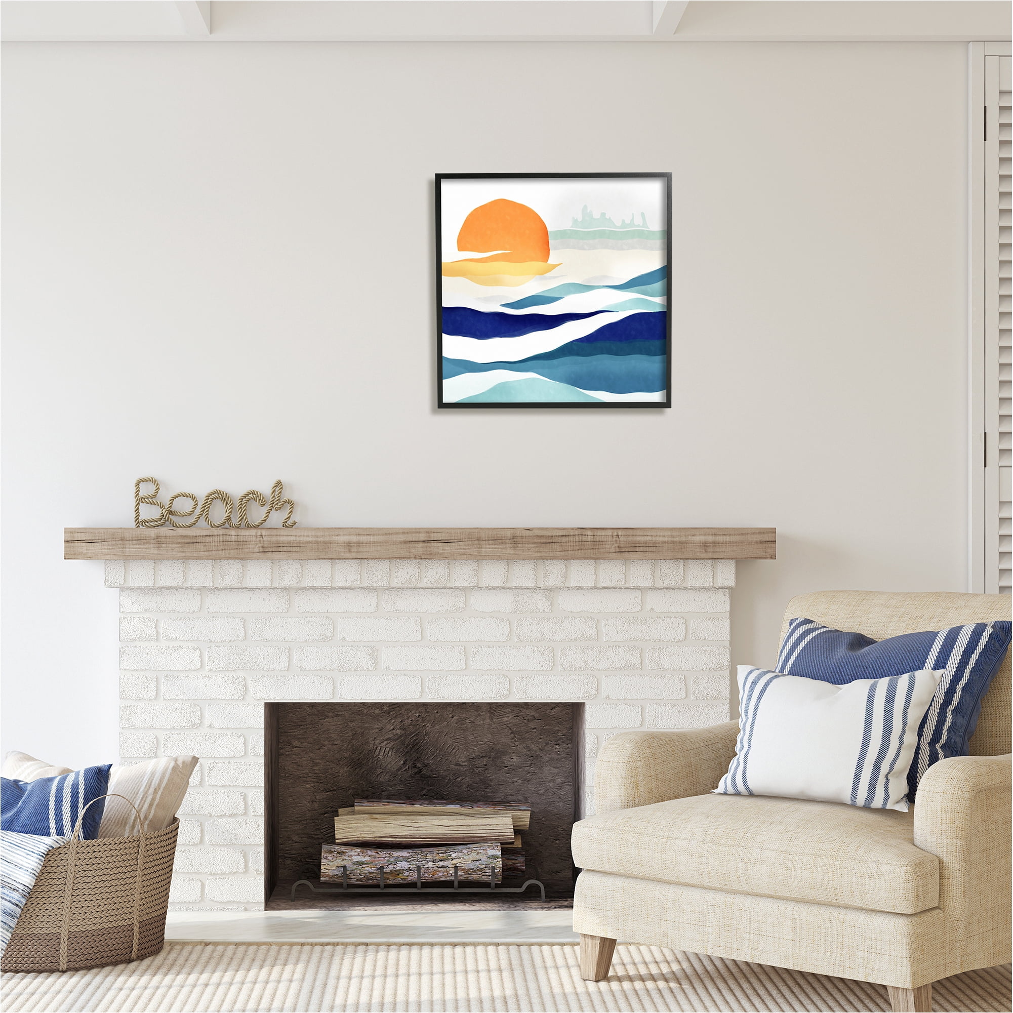 Stupell Industries Abstract Sun & Waves Landscape Painting Black Framed Art Print Wall Art, 24 x 24